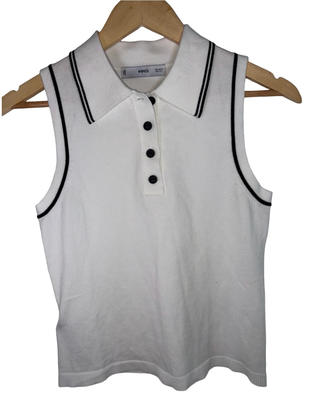 Mango White Sleeveless Polo Top with Black Trim Accents